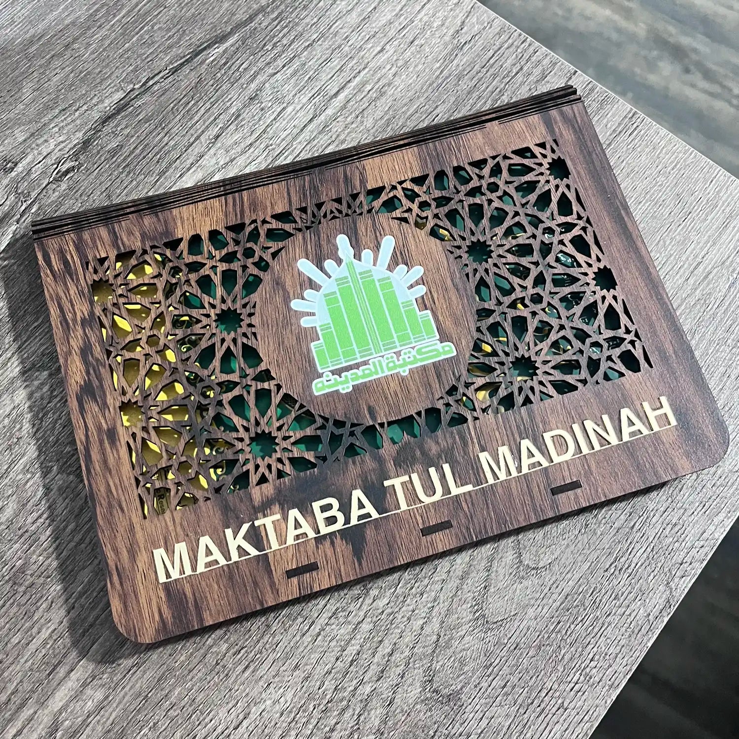 Custom Laser Cut Wooden Box | Golden Acrylic & UV Printed Logo